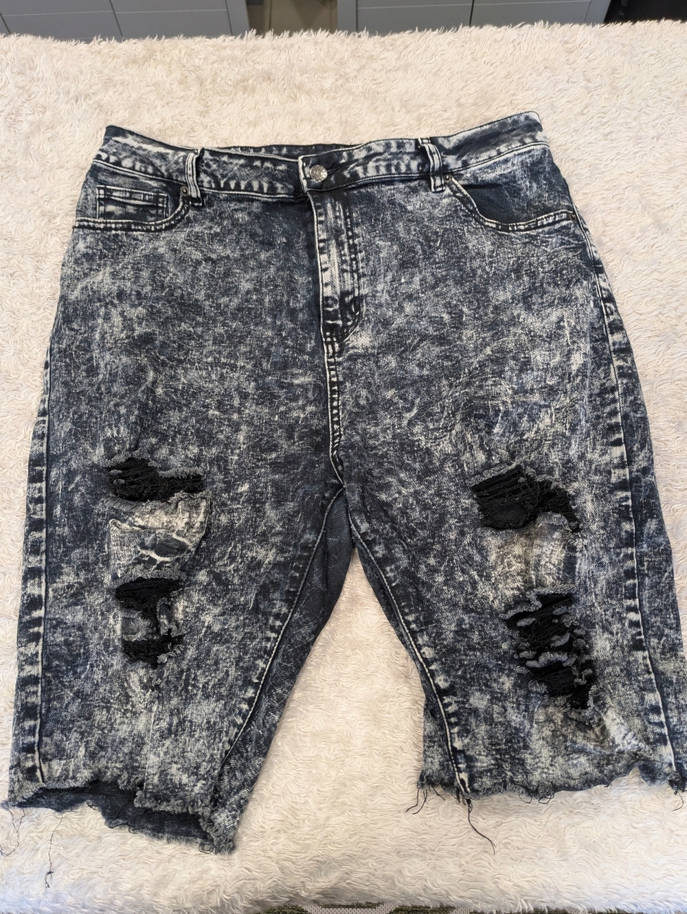 Acid Wash Distressed Denim Shorts - Black & White